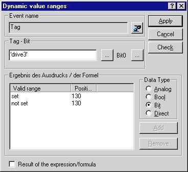 Selected Data Type "BOOL": You can define the value of an object attribute for the cases "yes/true" (value of the expression <> 0) and "no/false" (value of the expression = 0) in the "Result of the