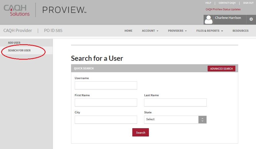 FIGURE 20 Search for a User From the Manage User screen, click on