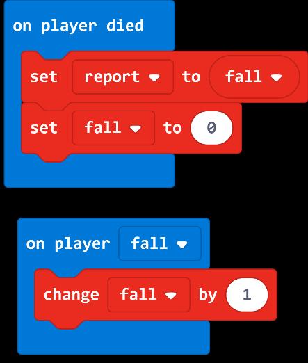16. From the Variables Toolbox drawer, drag the fall block into the second slot of the Set block replacing the 0 This will save the value of fall in the report variable so you can then reset fall to