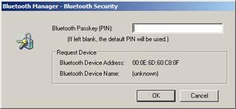 Chapter 4: Establish Wireless Connection 5. When the computer locates the Protégé/Cybra, it displays the Bluetooth Manager-Bluetooth Security dialog box.
