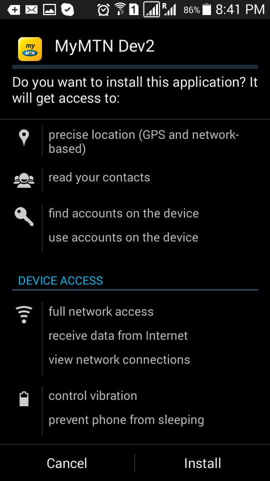Read the access permissions required by the application. Tap Next.