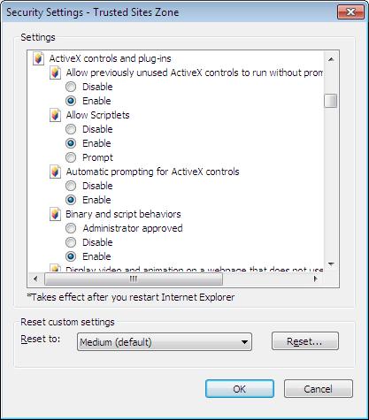 Enable Allow previously unused ActiveX controls to run without prompt Enable Allow Scriptlets Enable Automatic, prompting for ActiveX controls Enable Binary and scripts behaviours Enable Display