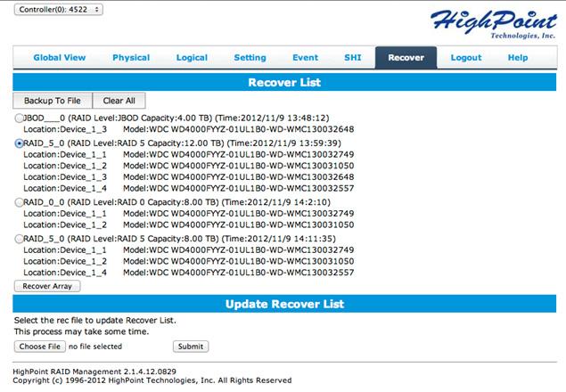 7.8 Web RAID Management Software - Recover Recover can help repair RAID arrays that have been assigned the disabled status.