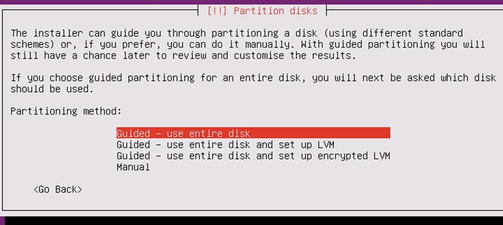 Use the up-arrow to choose "Guided use entire disk"