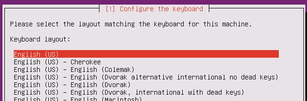 ix. For a Keyboard layout, choose English (US) and hit