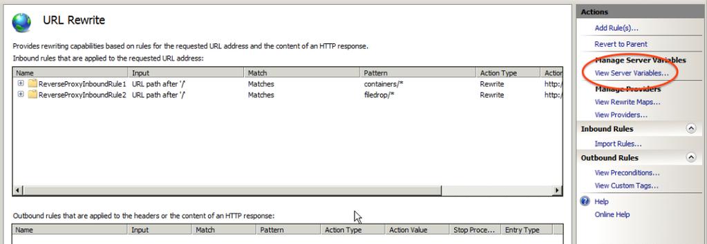 Set Up IIS Set Up HTTPS To set up HTTPS, follow these steps: 1. From the URL Rewrite screen, click View Server Variables.