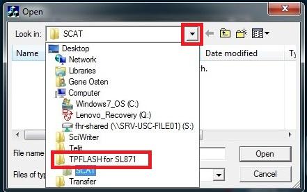 16. Again, click on the downward triangle at the right of the Look in box and click on the parent TPflash for SL871 folder. Figure 6-12 Parent directory TPFlash 17.
