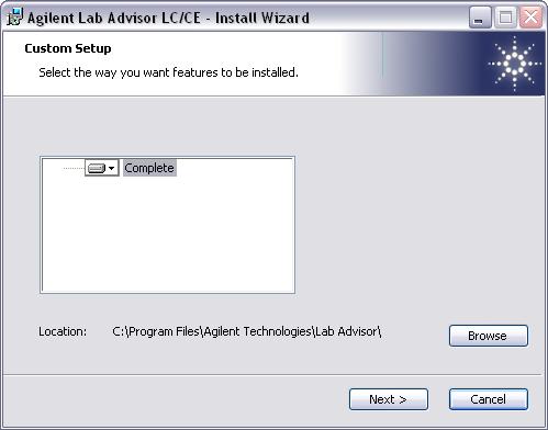 The Custom Setup page of the installation wizard is displayed.