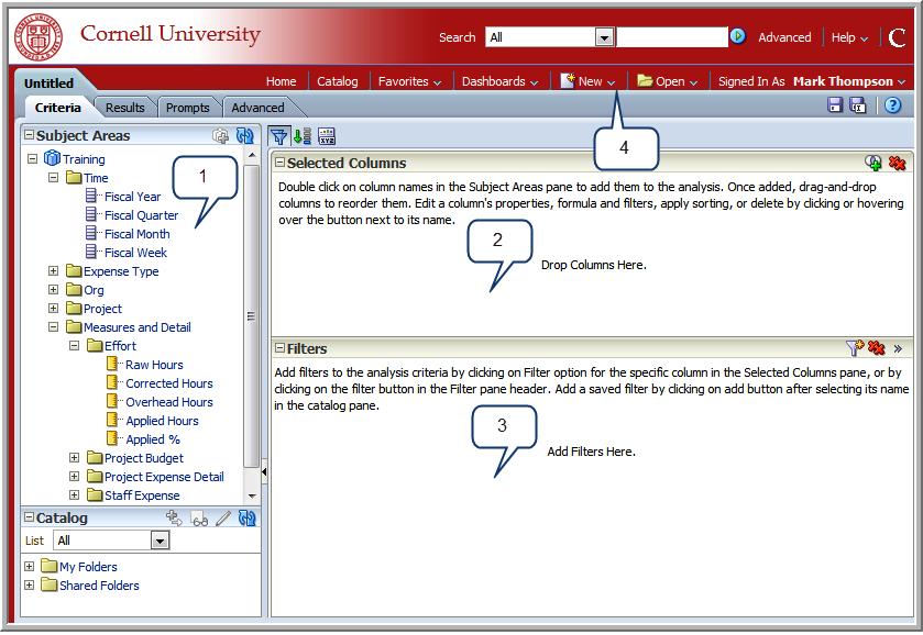 The OBIEE Answers interface will lk like this screensht when creating r editing an analysis: Legend: 1.