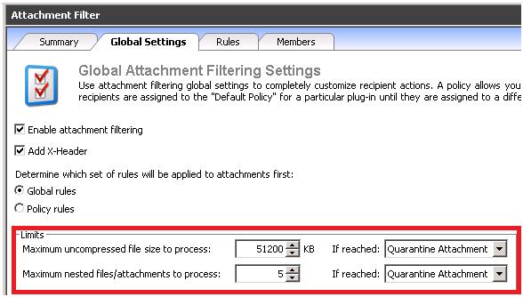 Within VIPRE Email Security for Exchange, all rules within the global settings are enabled if Enable attachment filtering checkbox is enabled.