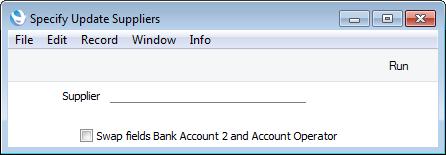 Purchase Ledger - Maintenance - Update Suppliers Update Suppliers This function copies the Bank Account 2 in each Supplier record in the Contact register to the Account Operator field and vice versa.