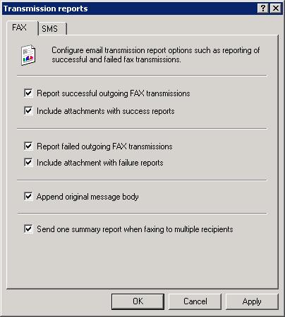 7.3.1 Configuring fax transmission reports 1. From GFI FaxMaker Configuration, right-click Advanced > Transmission reports and select Properties. Screenshot 76: Fax transmission report options 2.