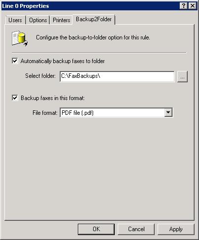 2. Select Enable fax auto-printing. 3. From the Select printer list, select the printer. 4. Click Apply. 8.2.8 Backing up received faxes Faxes received on particular routing rules can be backed up to a folder.