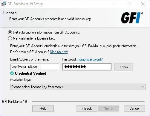 Screenshot 26: GFI FaxMaker license page wizard 8. Select a method to enter your subscription details.