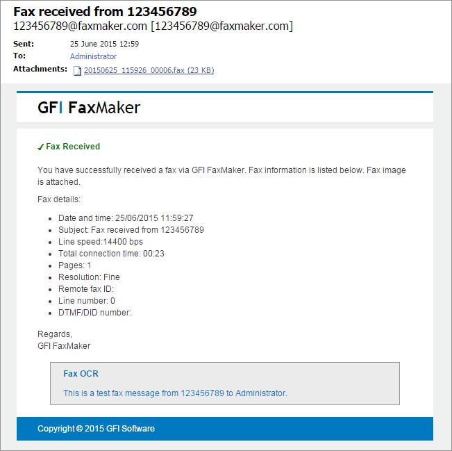 5.2 How users view received faxes Received faxes are forwarded to the user via email. The email will contain a fax report and the fax file included with the email as an attachment.
