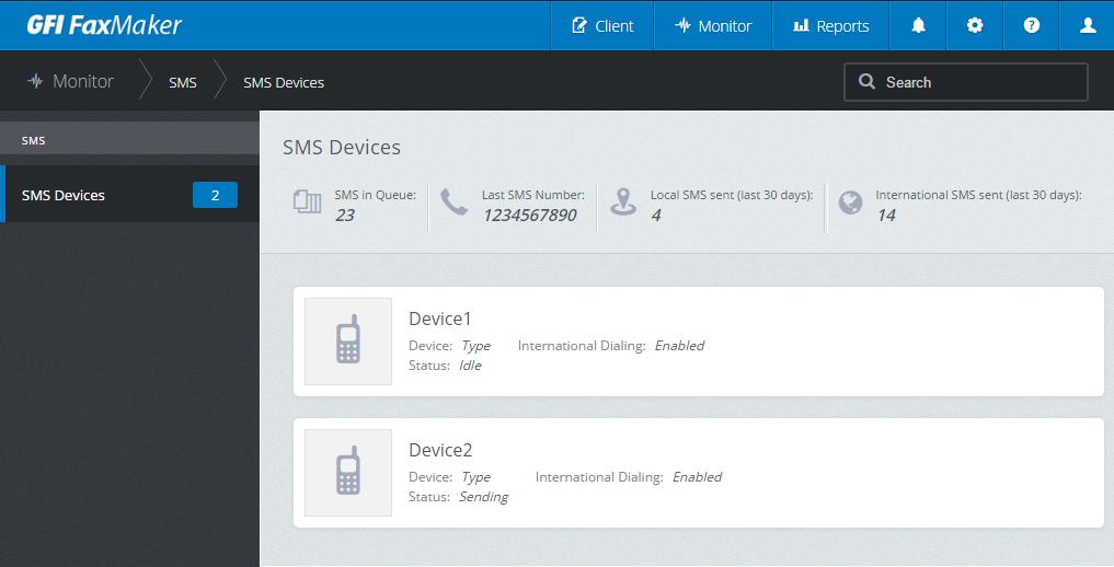 Screenshot 45: Monitoring SMS The SMS dashboard displays the list of SMS devices and their current transmission status and properties.