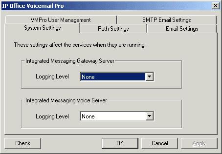 Voicemail Pro Configuration Control Panel Options System Settings This tab is present if IMS is installed.