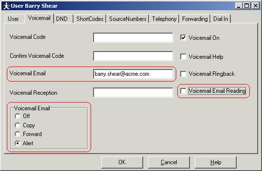 Voicemail Email User and Group Configuration Manager Settings The Voicemail Email settings are found on the Voicemail tab of the user or hunt group form.