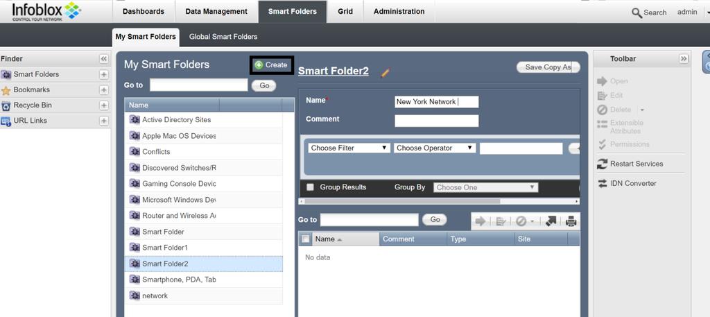 Creating Smart Folders Users can use smart folders to organize core network services data.