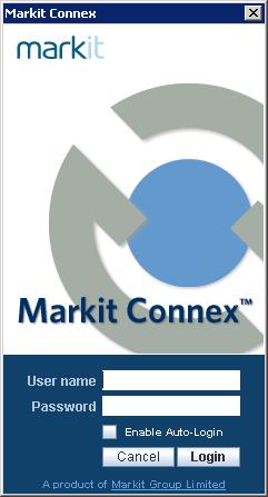 3.4 Log In to Markit Connex To log in to Markit Connex: Open Markit Connex on your desktop. The Markit Connex Login pop-up window displays, as shown below.