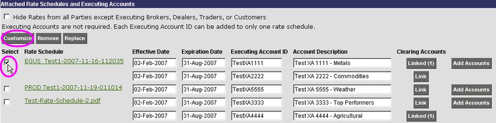 Under the Select column heading on the left side of the panel (as shown in the following graphic), select the checkbox for the EGUS-generated rate schedule you want to customize.