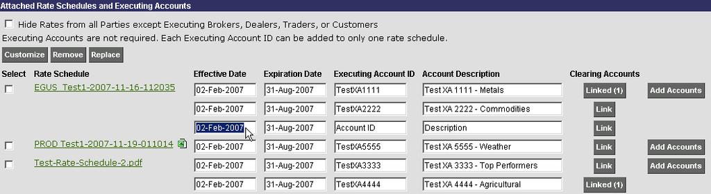 Click in the Effective Date field for the desired rate (as shown in the following graphic) and type the effective date for this Executing Account.