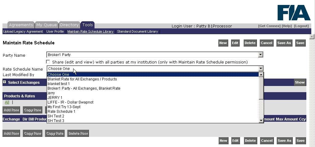 Select the party for which you want to retrieve a rate schedule from the Party Name drop-down list. Click Edit.