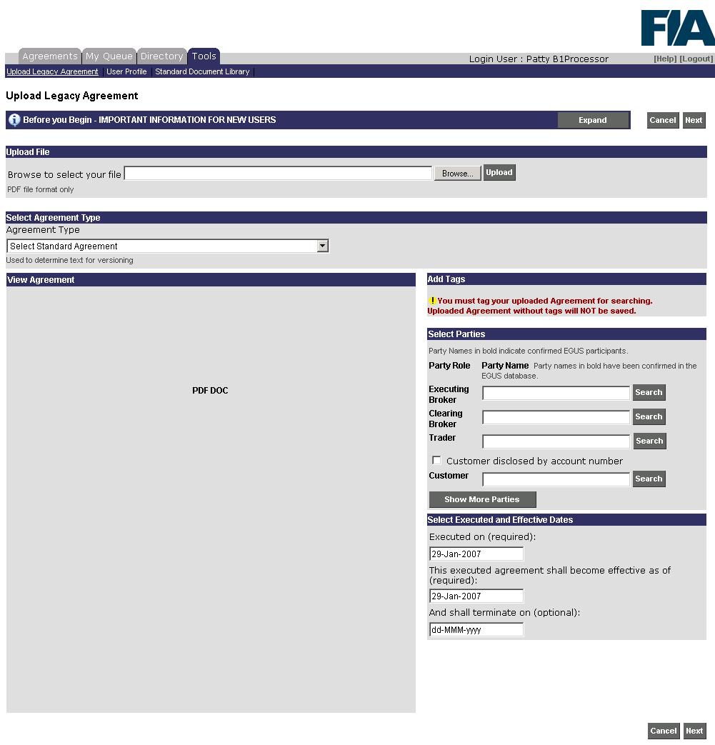 15.1 Access Upload Legacy Agreement Page To access the Upload Legacy Agreement page: FIA EGUS User s