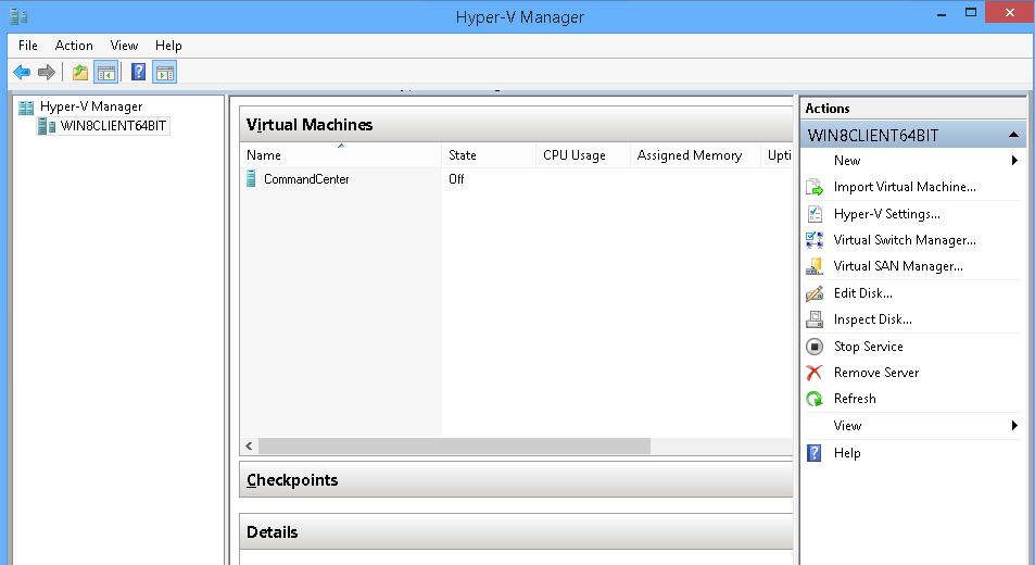 Deploying CC-SG on Hyper-V Requirements Hyper-V feature is enabled on a Windows 8.1/2012/10 client. Hyper-V Manager can be accessed.