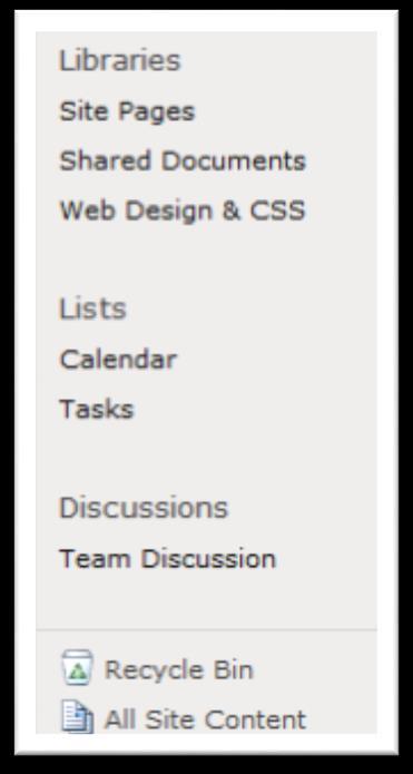 4.8. The Quick Launch bar (Current Navigation) Running along the left side of your SharePoint web pages is the Quick Launch Panel, this bar helps you jump among the various parts of your site,