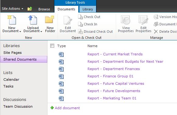 Once you have clicked on Shared Documents you will then have access to the Library Tools tab on the ribbon.