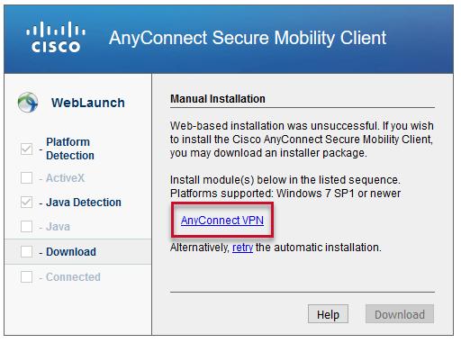 5. Click the Start AnyConnect link in your browser window to begin installation the AnyConnect program.