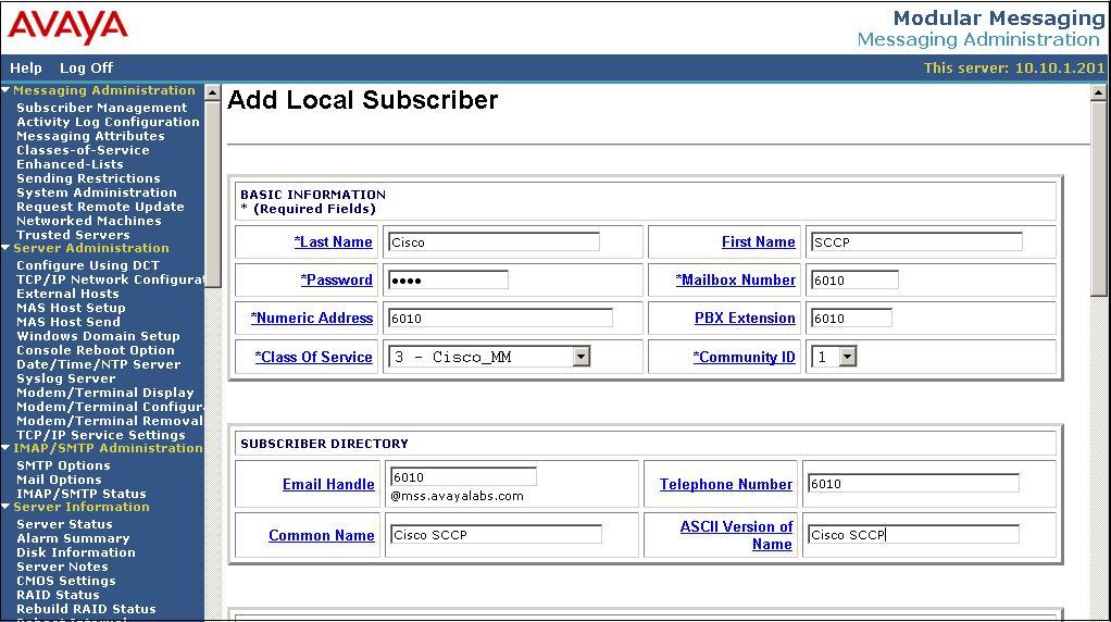 The Add Local Subscriber screen is displayed next. Enter the desired string into the Last Name, First Name, Password, Email Handle, Common Name, and ASCII Version of Name fields.