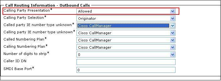 Scroll down to the Call Routing Information Outbound Calls section. Select Allowed for the Calling Party Presentation field and retain the default values for the remaining fields.
