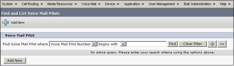 The Find and List Voice Mail Pilots screen is displayed.
