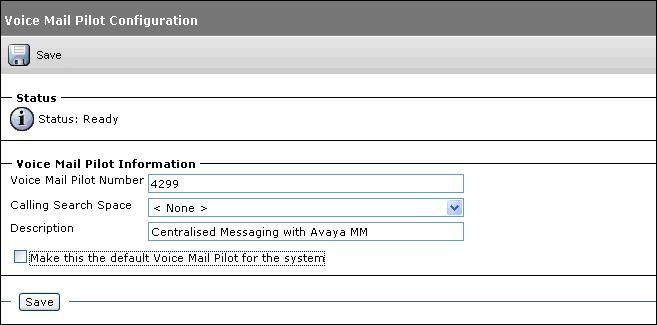 The Voice Mail Pilot Configuration screen is displayed next.