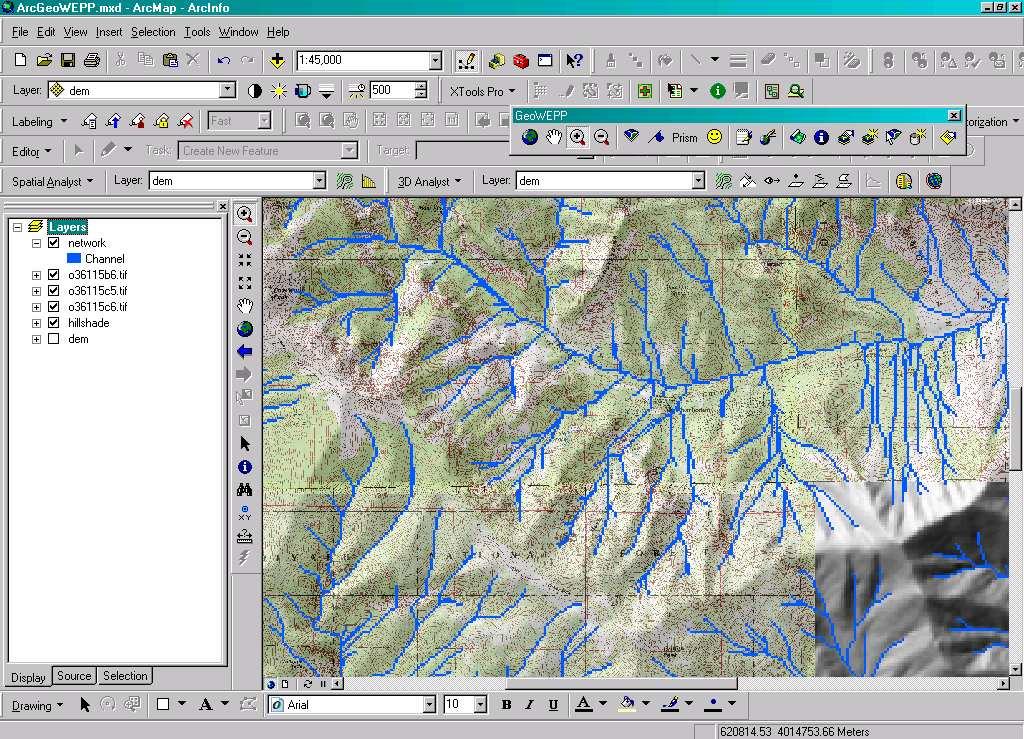 a. The figure below shows the added topographic maps (40% transparency, scale 1:45,000) and placed in the TOC below the Network.