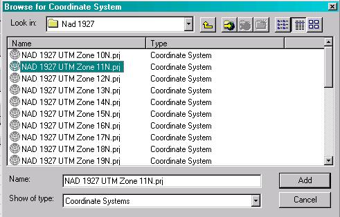 d. Next, select the folder button next to the Output coordinate system and navigate to the NAD 27 zone of your raster, by choosing the button (Select > Projected Coordinate Systems > UTM > NAD 1927 >