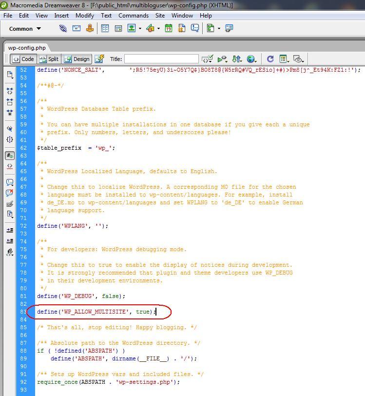 Copy / Paste the following code snippet just above this remark statement: define( WP_ALLOW_MULTISITE, true); as shown in Diagram 20.