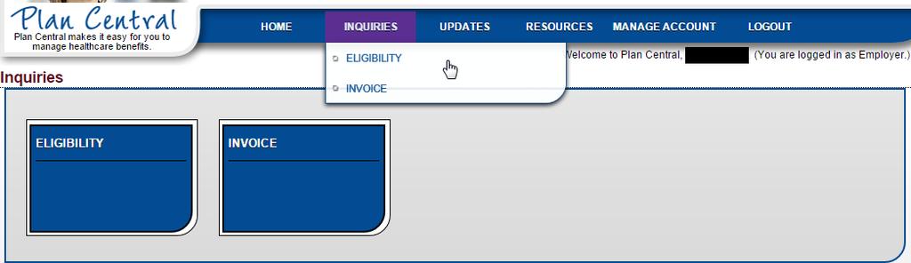 Eligibility To determine eligibility for a member, hover over Inquiries and then click Eligibility.