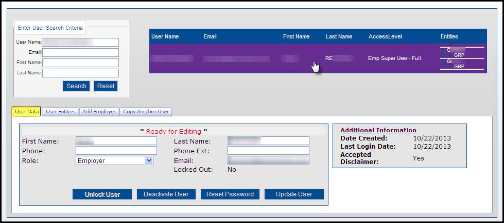 The User Data panel allows you to change the user s name, phone number, email address, and