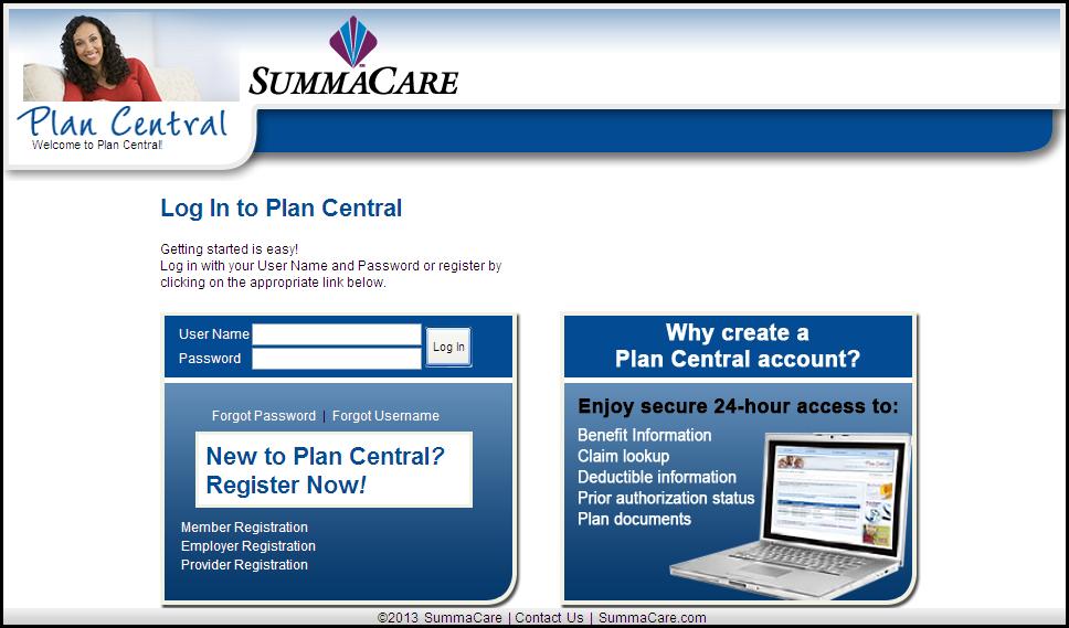 Plan Central Welcome Page The Plan Central Welcome page is shown below.