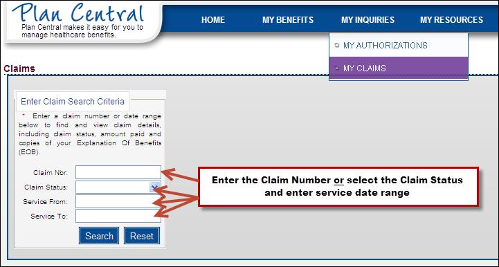 My Claims Another way to search for Claims is by entering in the