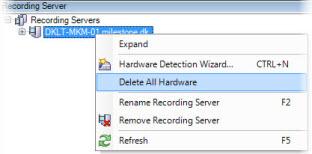 Storage 1. In the overview pane, right-click the required recording server where you want to delete all hardware. 2. From the menu that appears, select Delete All Hardware: 3.