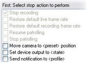 Rules) Selecting stop actions. In the example, note the compulsory stop action (selected, dimmed), the non-relevant stop actions (dimmed) and the optional stop actions (selectable).