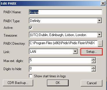 The screen below will appear, configure as follows: PABX Name enter an identifying name PABX Type select Definity from the drop down box Active place a check in this box Timezone set accordingly PABX