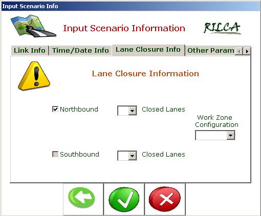 2. Press the Lane Closure Info button on the Main Menu window 3. The Input Scenario Info window appears from which: a. The following options can be chosen from Time/Date Info tab i.