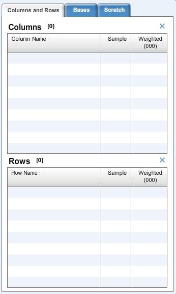 The answers are then selected and moved to the Columns, Rows, and Bases Boxes as you would from the regular Dictionary/Answer Windows.