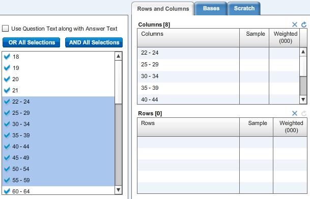3. Select the Columns. Once you have selected a Base (if any are desired) you should select the answers you want to use in the columns of your analysis.