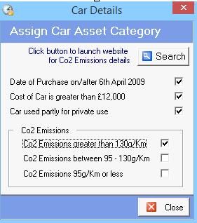 If the asset is a car, click the Add Car button: To assign the car to the correct pool and work out the correct allowance based on CO2 emissions tick the appropriate boxes.